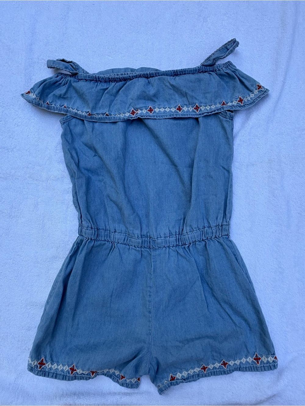 Girls' Denim Romper with Embroidered Trim - Blue